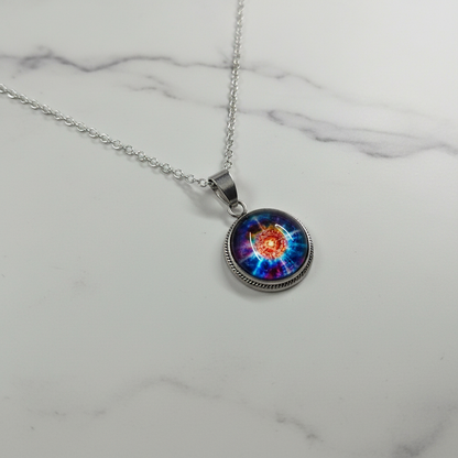 Cosmic nebula petite pendant necklace on white marble surface