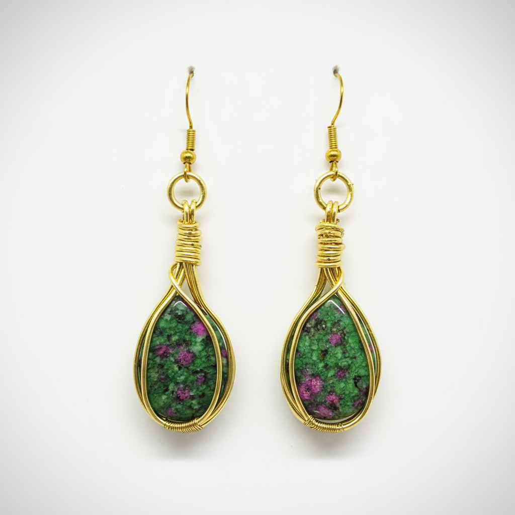 Wire-Wrapped Ruby in Zoisite Teardrop Earrings - handcrafted gold wire-wrapped green and pink gemstone earrings