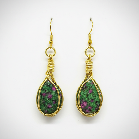 Wire-Wrapped Ruby in Zoisite Teardrop Earrings - handcrafted gold wire-wrapped green and pink gemstone earrings