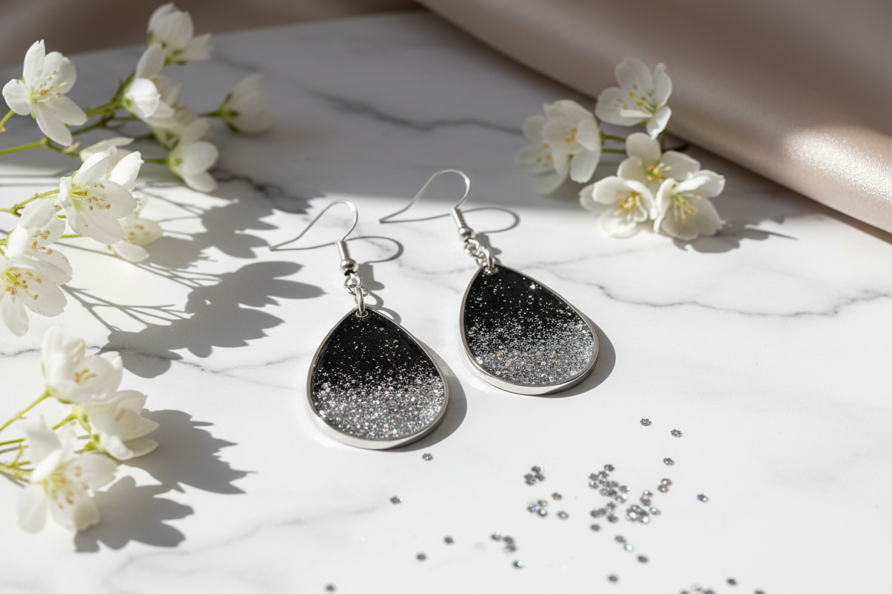 Starlight ombré teardrop earrings on white marble with delicate flowers