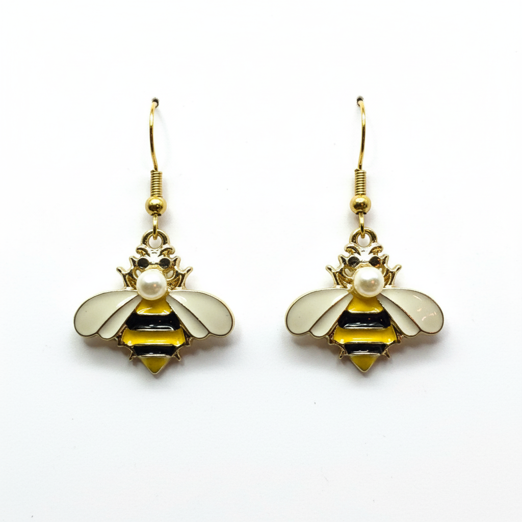 Elegant Pearl Bumblebee Earrings - sophisticated bee earrings with lustrous pearl bodies, yellow and black stripes, and gold details