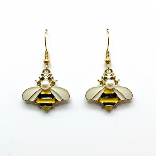 Elegant Pearl Bumblebee Earrings - sophisticated bee earrings with lustrous pearl bodies, yellow and black stripes, and gold details