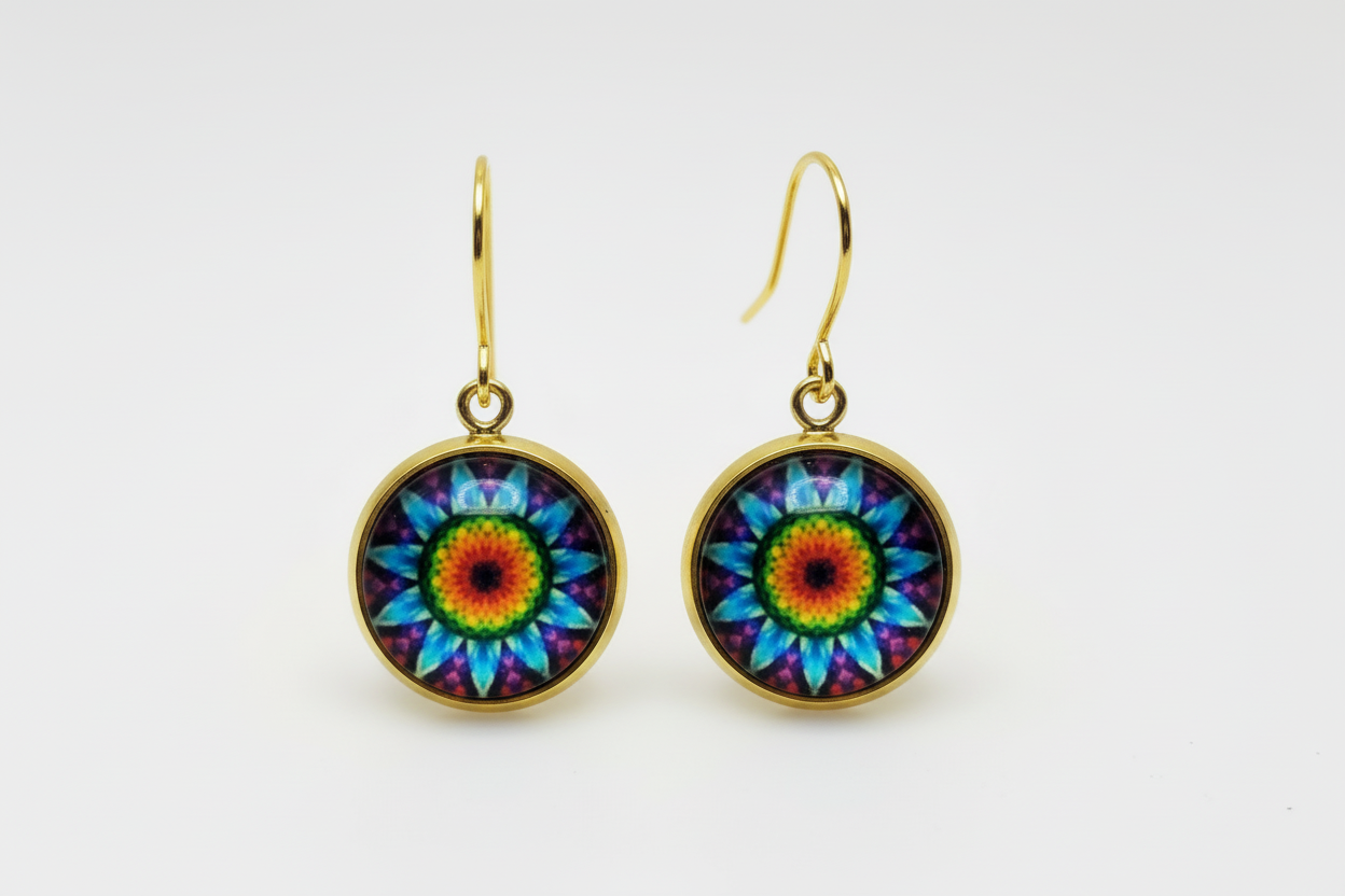 Rainbow Kaleidoscope Mandala Earrings - handcrafted colorful statement earrings with vibrant rainbow design