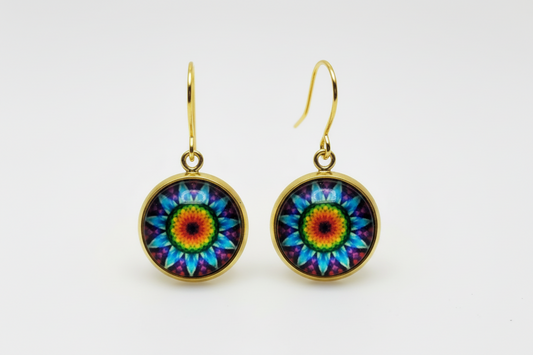 Rainbow Kaleidoscope Mandala Earrings - handcrafted colorful statement earrings with vibrant rainbow design