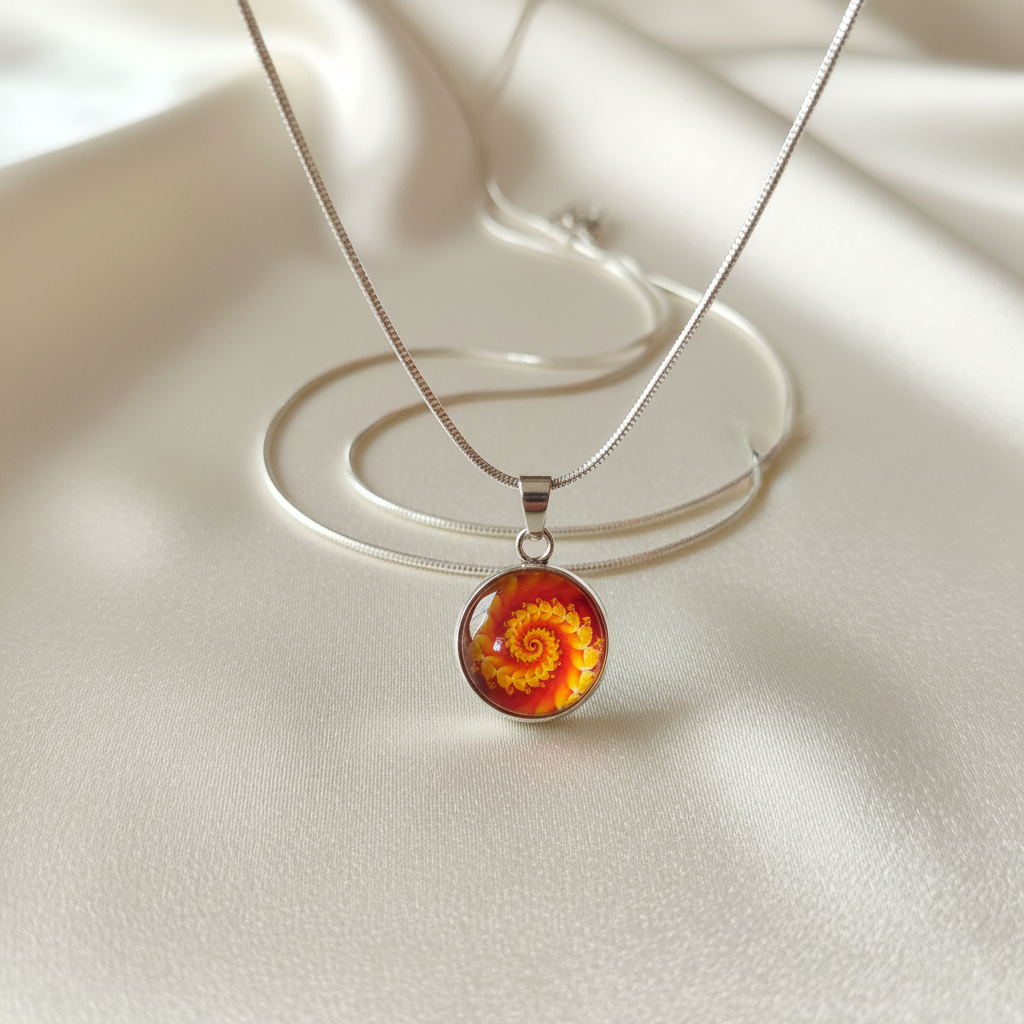 Close-up of glass dome cabochon orange yellow spiral fractal pendant on satin