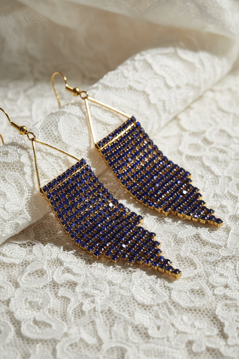 Sapphire blue and gold rhinestone fringe earrings on white lace, angled view