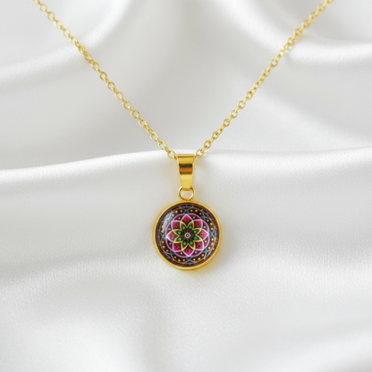 Floral mandala petite pendant necklace hero shot on white satin