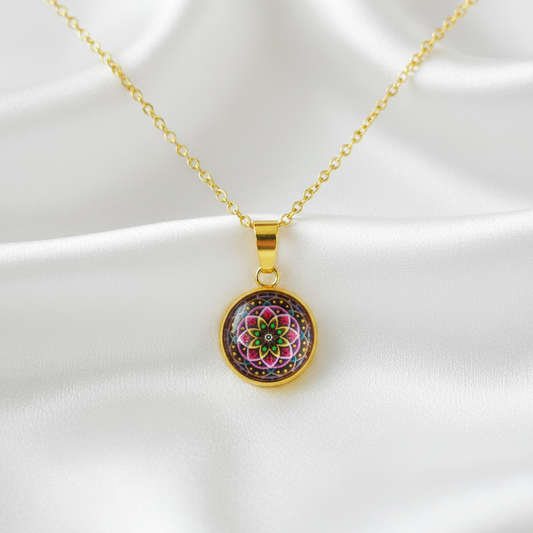 Floral mandala petite pendant necklace hero shot on white satin