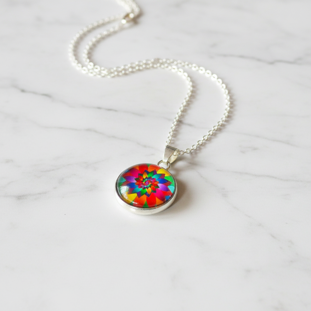 Rainbow kaleidoscope mandala petite pendant necklace angled view on marble surface