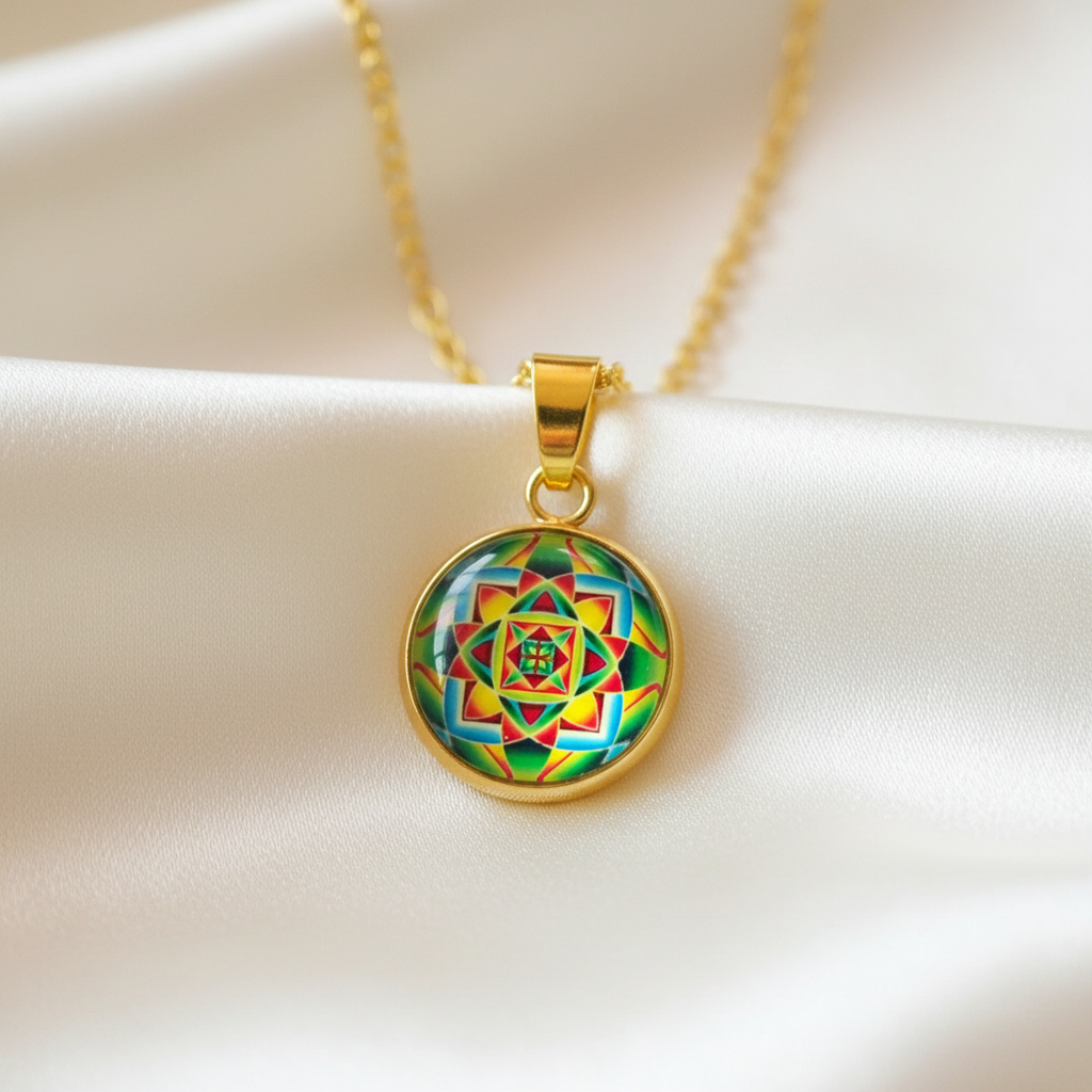 Close-up of glass dome cabochon sacred geometry mandala pendant on satin