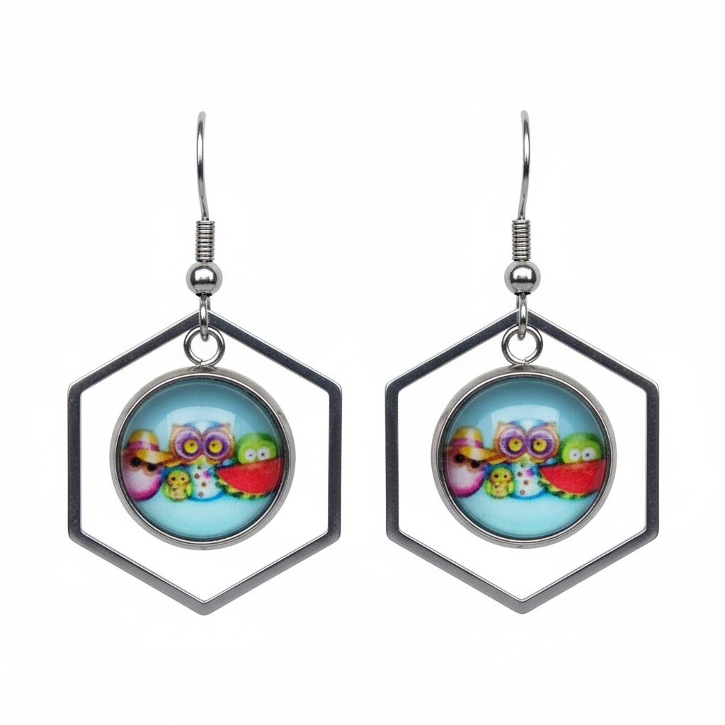 Owl Family Hexagon Dangle Earrings – Handmade Silver Frame Whimsical Jewelry Gift for Owl Lovers