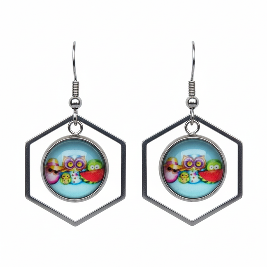 Owl Family Hexagon Dangle Earrings – Handmade Silver Frame Whimsical Jewelry Gift for Owl Lovers