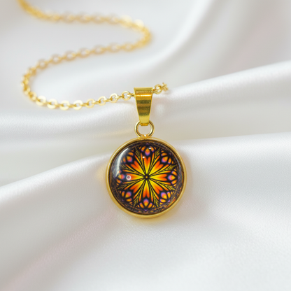 Butterfly mandala petite pendant necklace hero shot on white satin