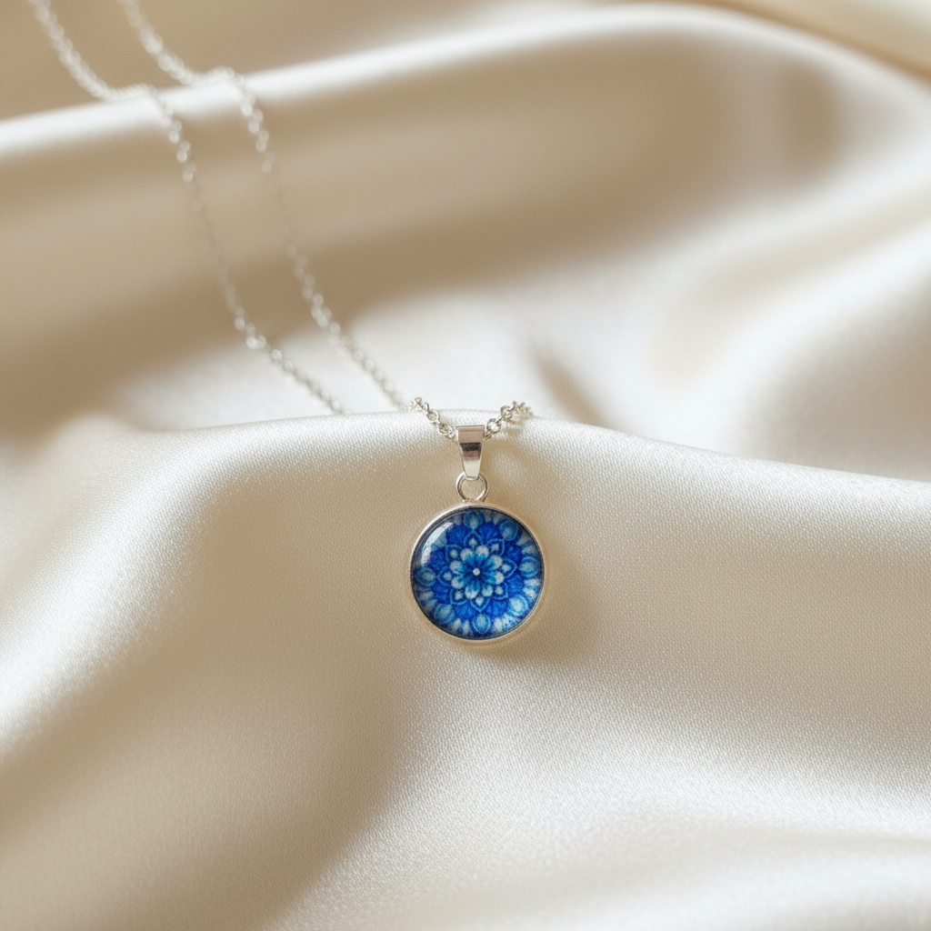 Close-up of glass dome cabochon blue flower mandala pendant on satin with chain