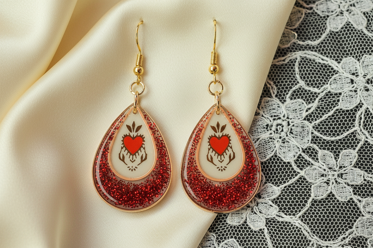 Sacred Heart Resin Earrings - Front View