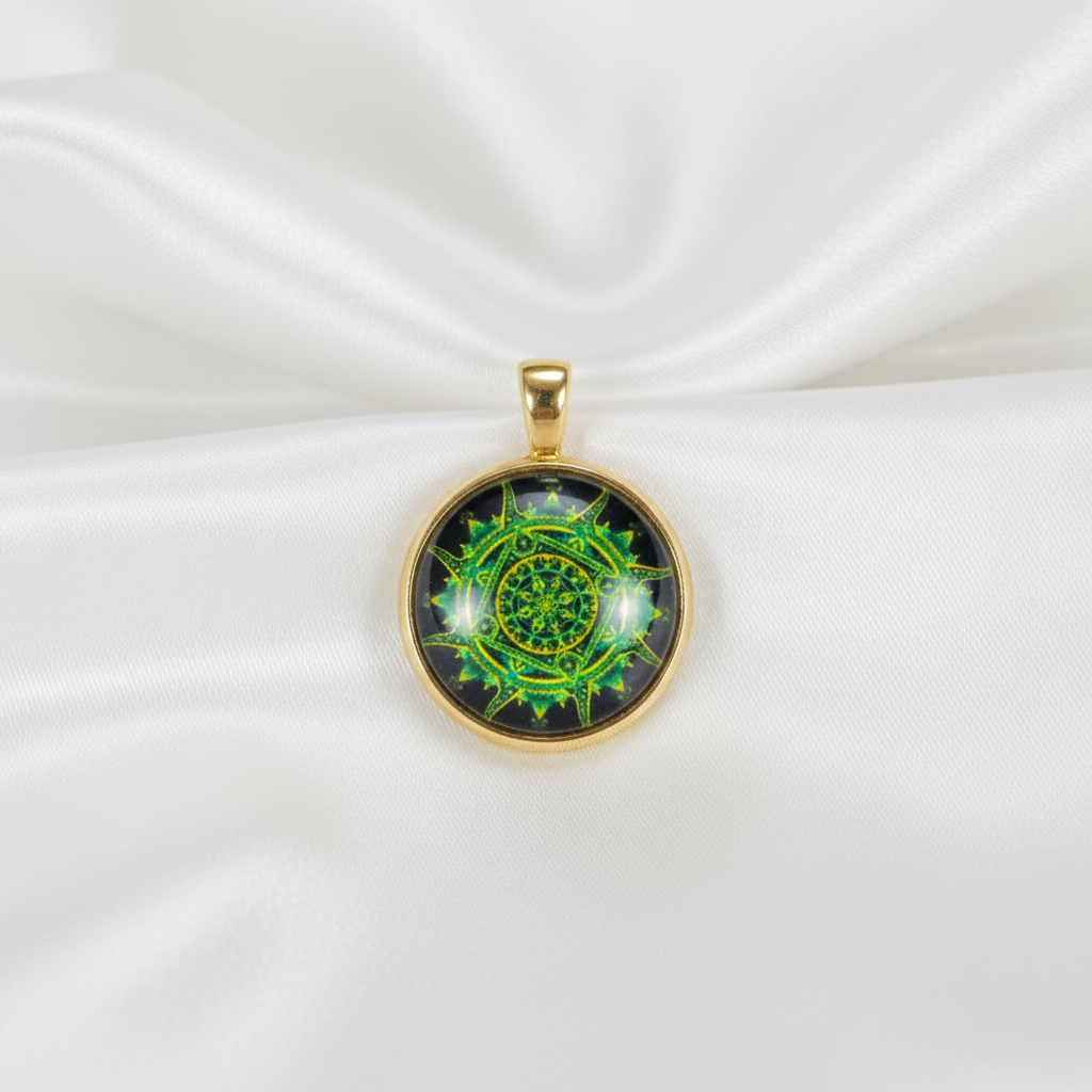 Green spiral mandala petite pendant necklace hero shot on white satin