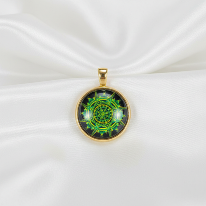 Green spiral mandala petite pendant necklace hero shot on white satin