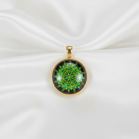 Green spiral mandala petite pendant necklace hero shot on white satin