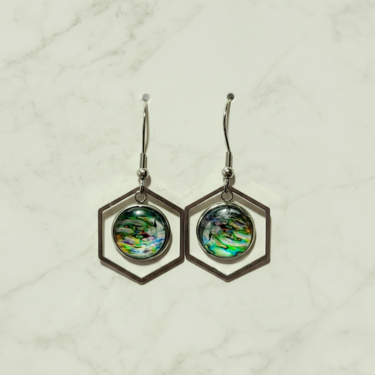 Abalone Dreams Hexagon Drop Earrings with natural shell cabochons in geometric frames
