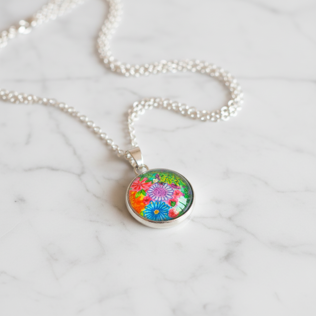 Vibrant floral garden petite pendant necklace on white marble surface