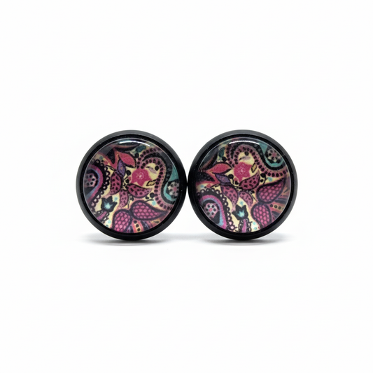 Paisley pattern stud earrings on white background