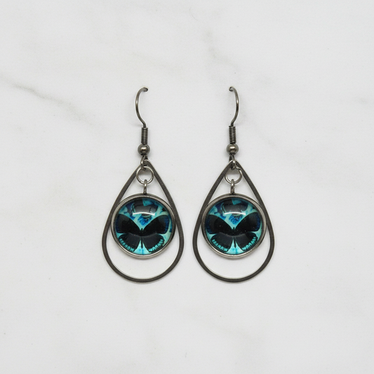Teal Butterfly Teardrop Dangle Earrings – Handmade Gunmetal Nature-Inspired Minimalist Jewelry Gift for Her