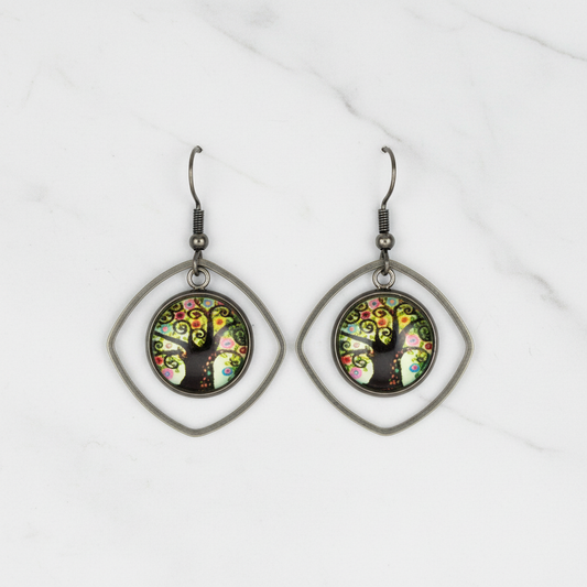 Tree of Life Square Dangle Earrings – Handmade Stainless Steel Colorful Floral Symbolic Jewelry Gift for Her