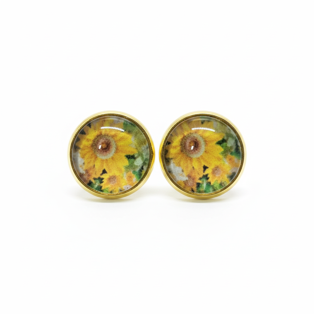 Sunflower stud earrings on white background