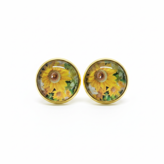 Sunflower stud earrings on white background
