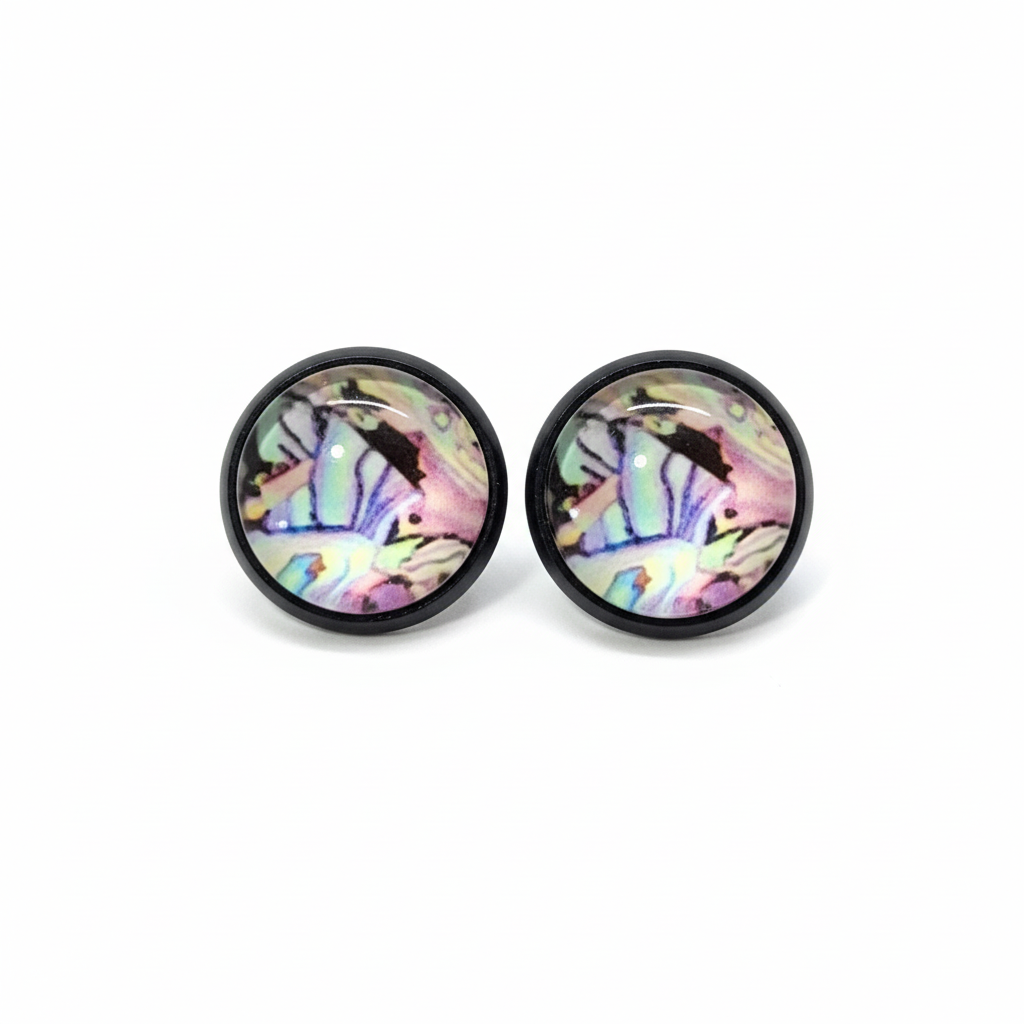 Pastel butterfly stud earrings on white background