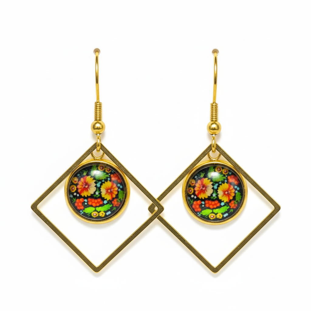 Gold dangle earrings with hand-painted folk art floral medallions in double diamond frames