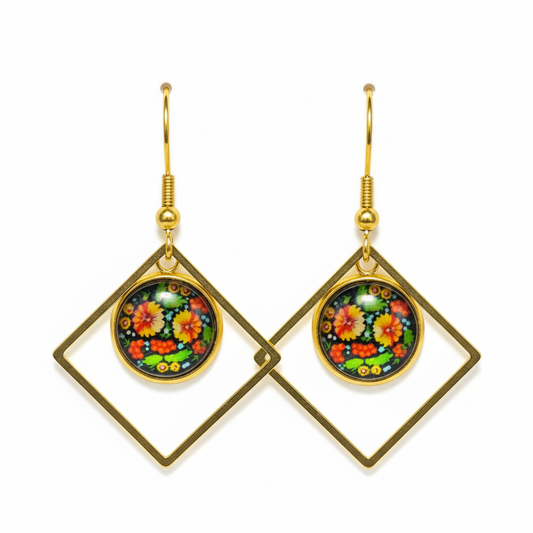 Gold dangle earrings with hand-painted folk art floral medallions in double diamond frames