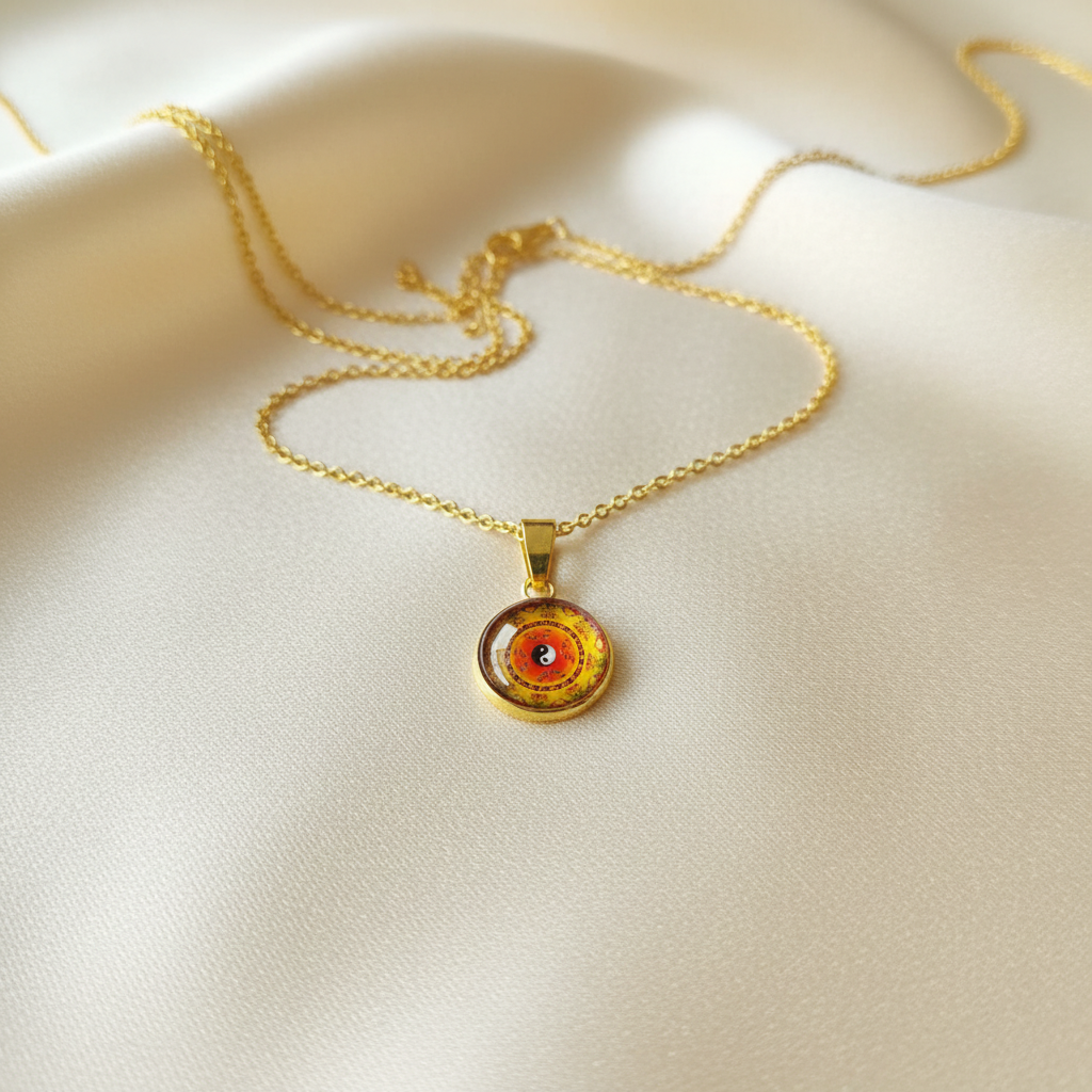 Close-up of glass dome cabochon Yin Yang mandala pendant on satin