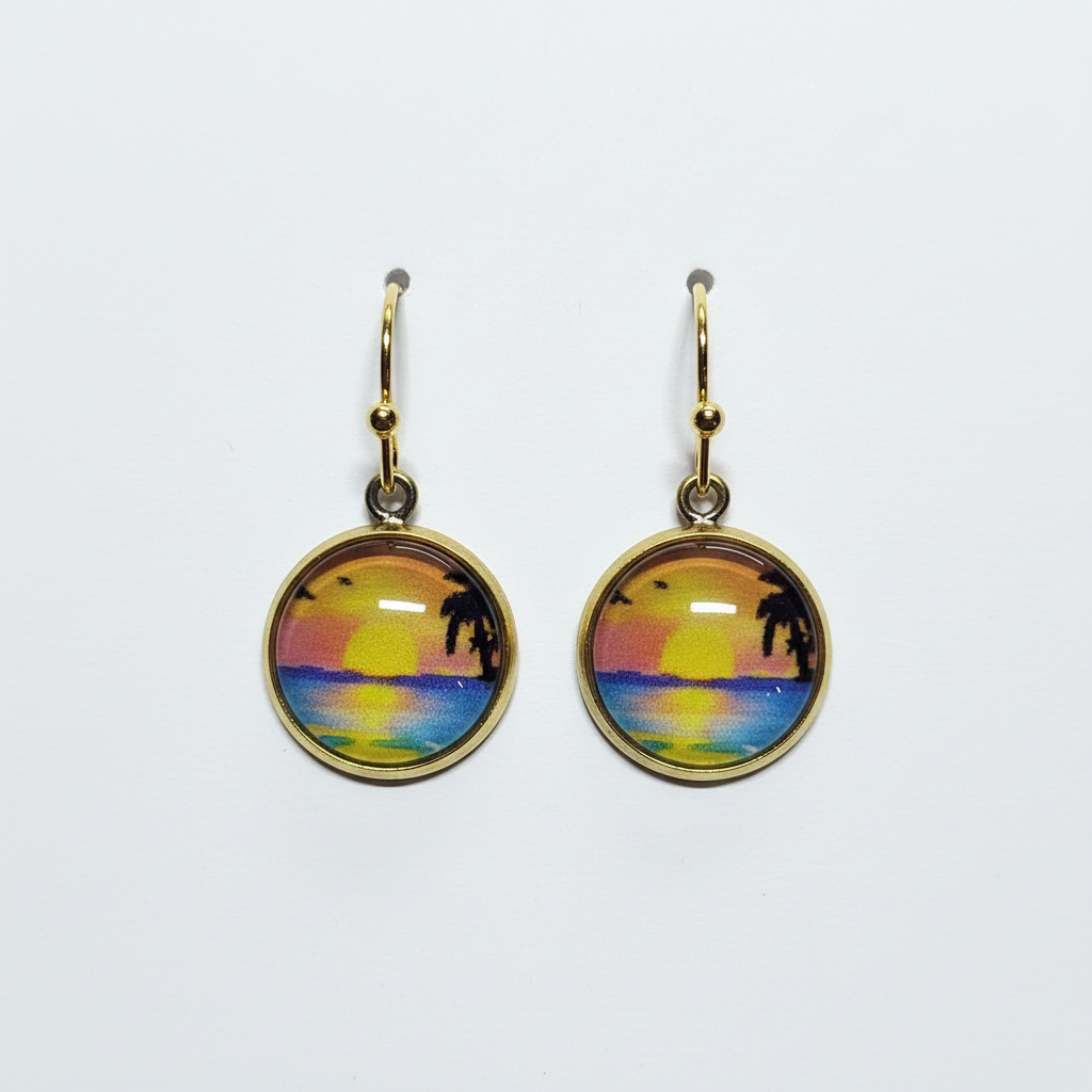 Golden Sunset Palm Beach Earrings - handcrafted tropical earrings with palm trees and golden sunset scene