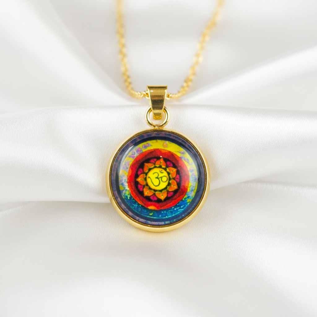Om mandala petite pendant necklace hero shot on white satin