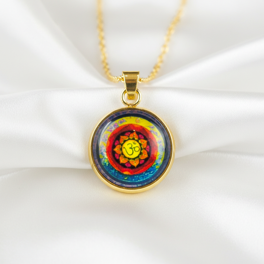 Om mandala petite pendant necklace hero shot on white satin