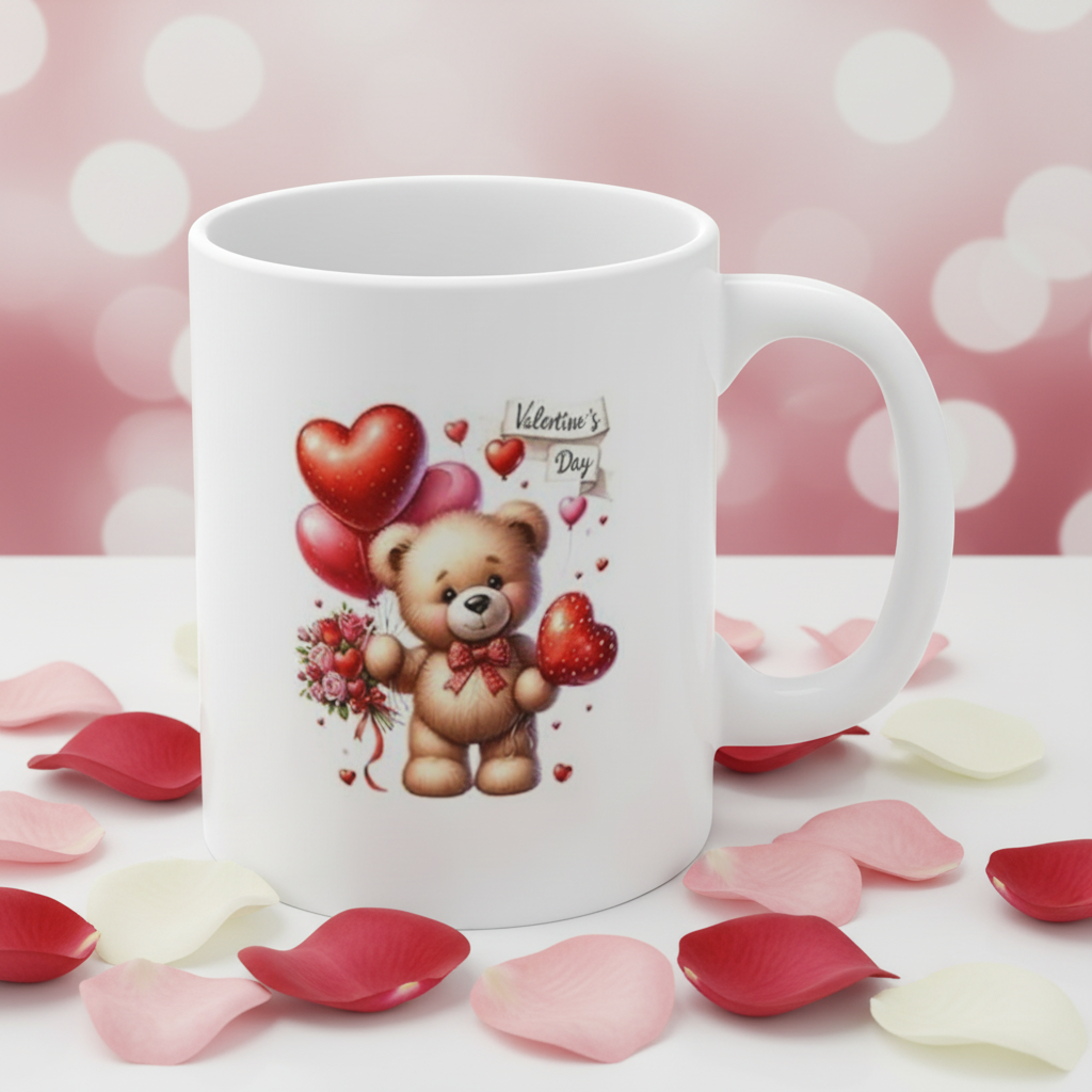 Valentine's Day bear mug with heart balloons and rose bouquet - professional product photography