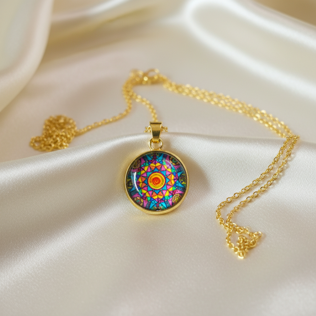 Close-up of glass dome cabochon kaleidoscope mandala pendant on satin