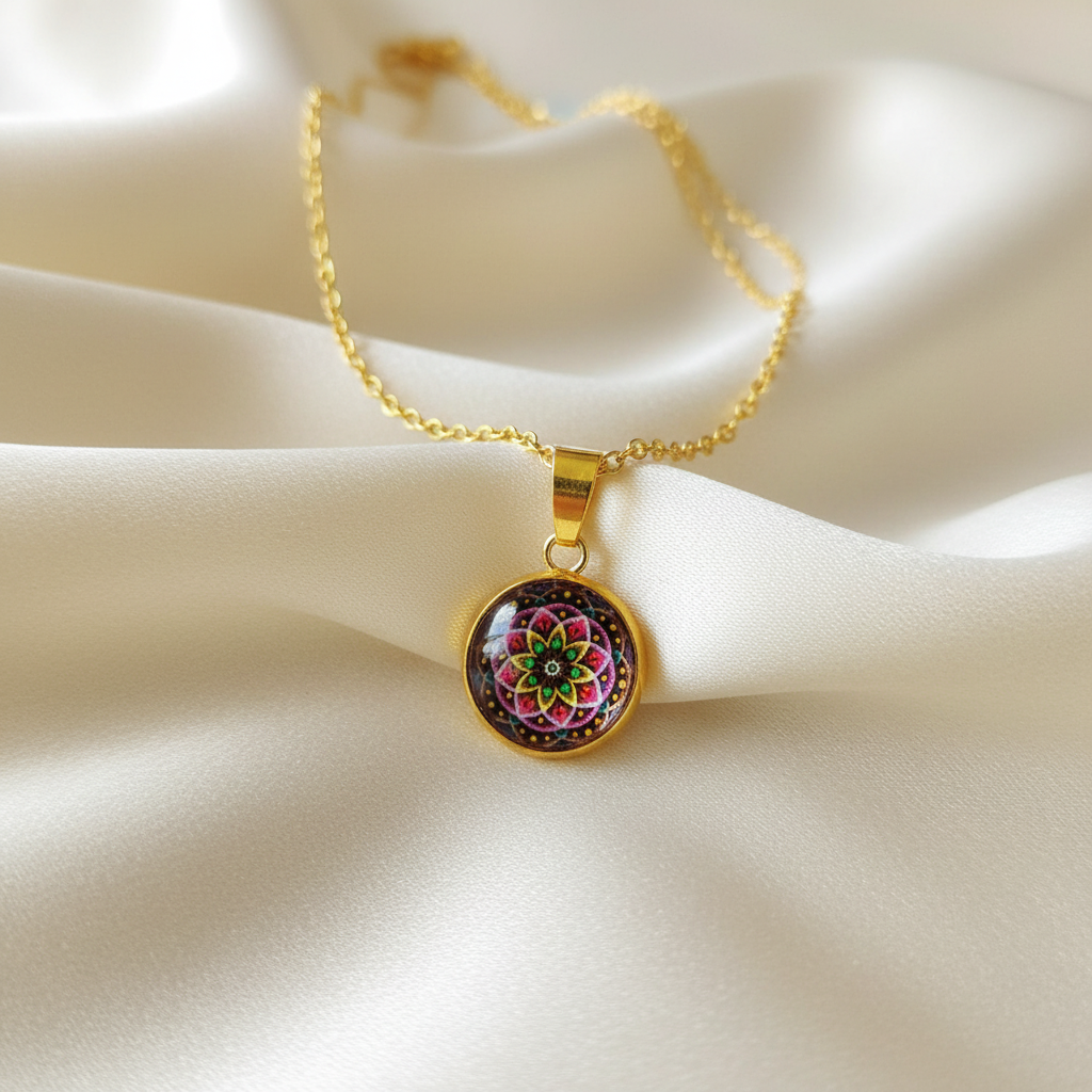 Close-up of glass dome cabochon floral mandala pendant on satin