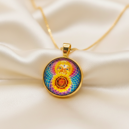 Close-up of glass dome cabochon sun and moon celestial pendant on satin