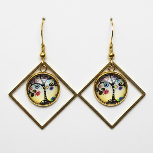 Colorful Tree of Life Gold Diamond Dangle Earrings – Handmade Floral Swirl Symbolic Jewelry Gift for Her