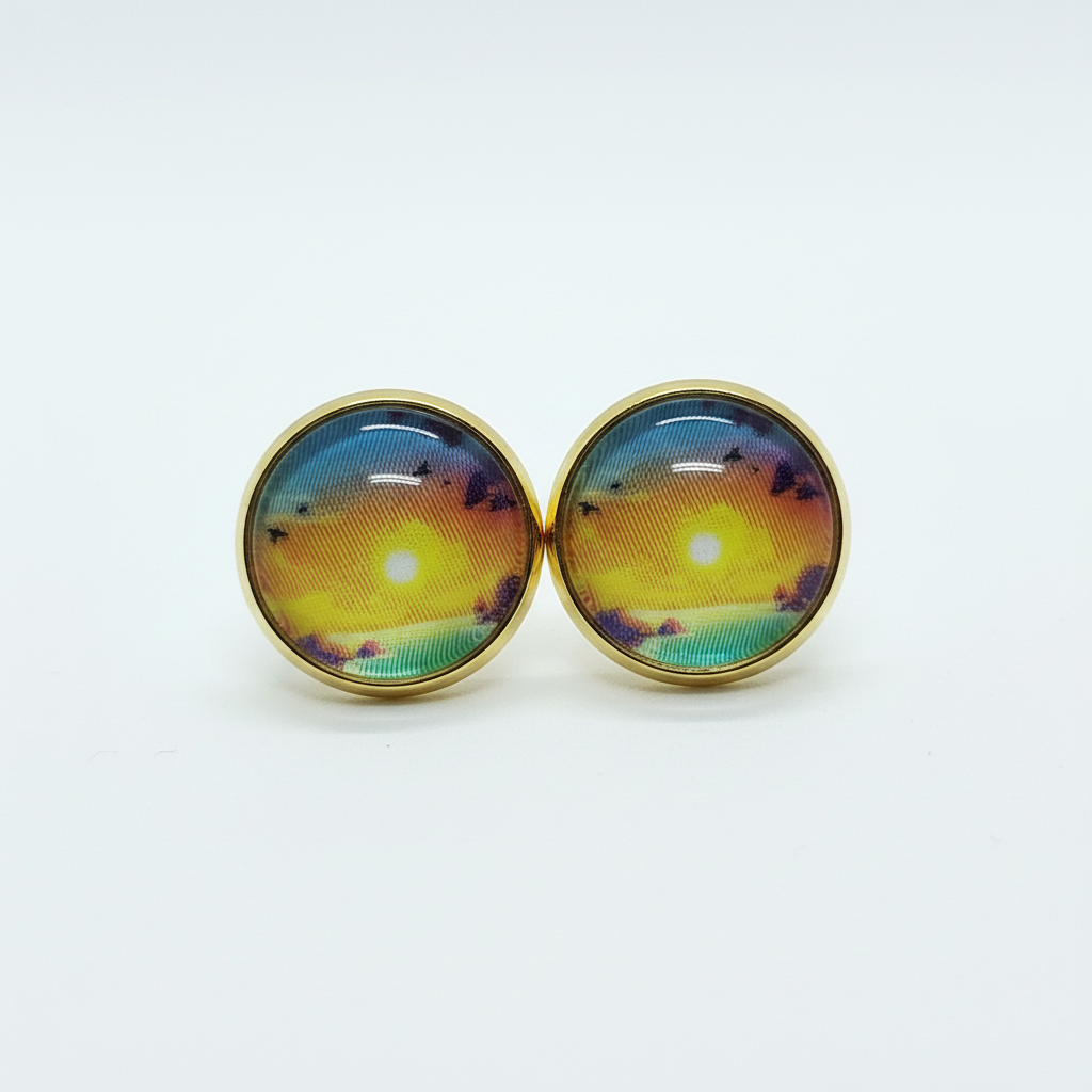Rainbow iridescent holographic stud earrings on white background