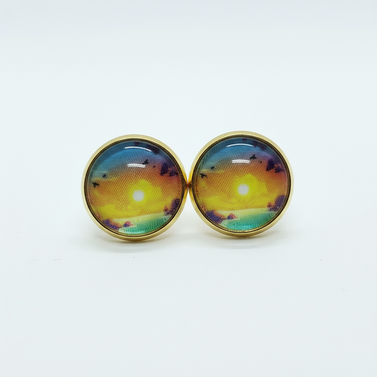 Rainbow iridescent holographic stud earrings on white background