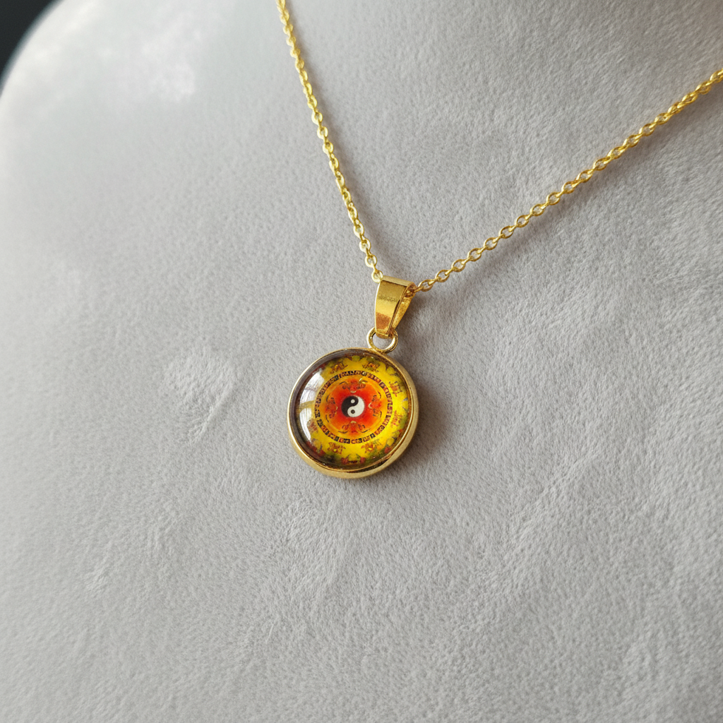 Angled view of petite Yin Yang mandala pendant on velvet background