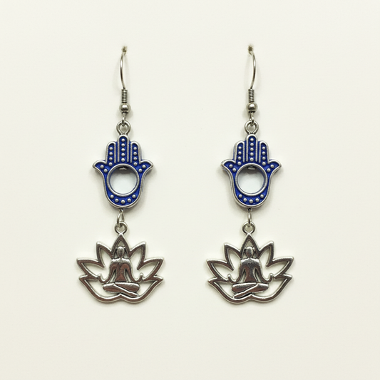 Hamsa and Lotus Buddha Dangle Earrings - blue enamel hamsa hands with silver lotus Buddha charms