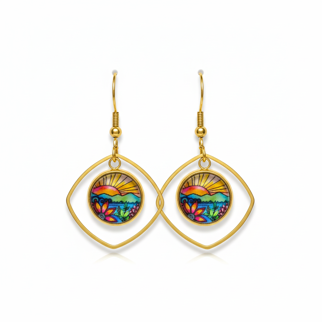 Gold dangle earrings with hand-painted sunset landscape featuring mountains, flowers, and radiating sun rays
