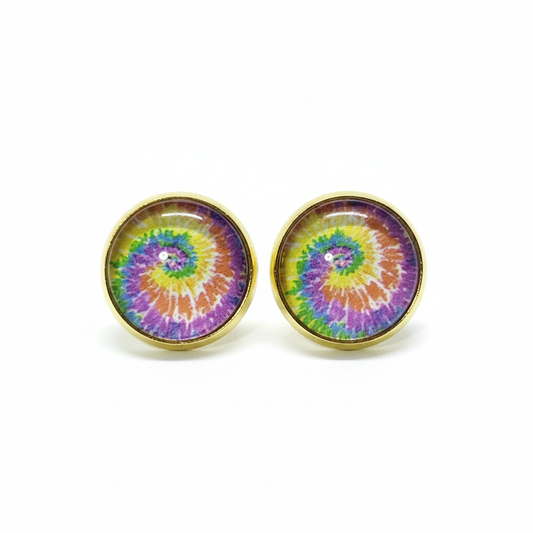 Spiral tie-dye pattern stud earrings on white background