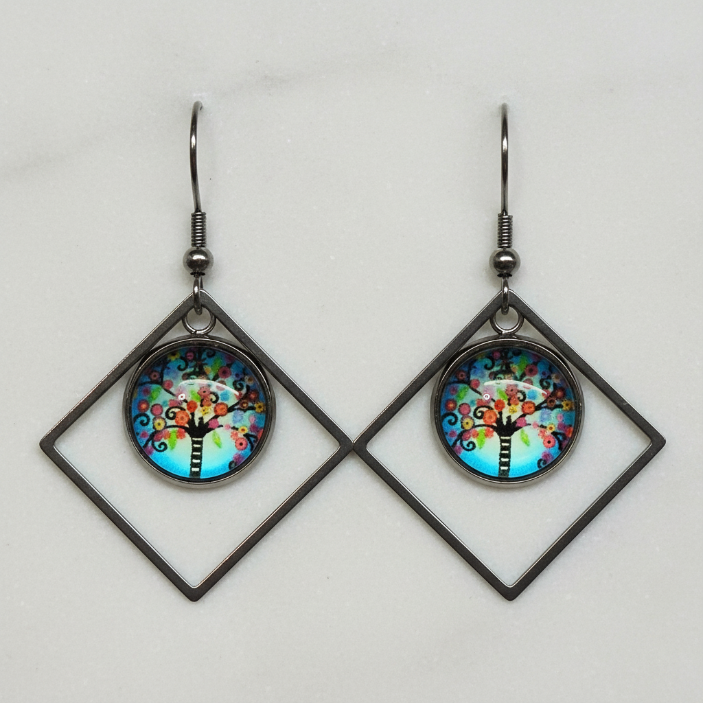Whimsical Tree of Life Diamond Dangle Earrings – Handmade Gunmetal Colorful Symbolic Jewelry Gift for Her