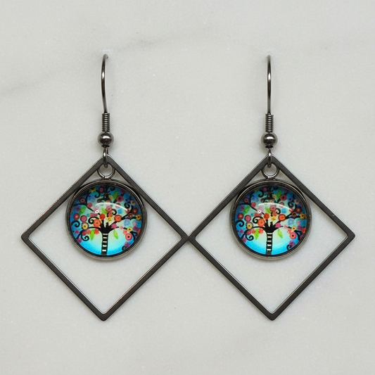 Whimsical Tree of Life Diamond Dangle Earrings – Handmade Gunmetal Colorful Symbolic Jewelry Gift for Her