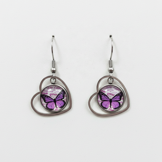 Purple Butterfly Heart Dangle Earrings – Handmade Silver Heart Frame Whimsical Nature Jewelry Gift for Her